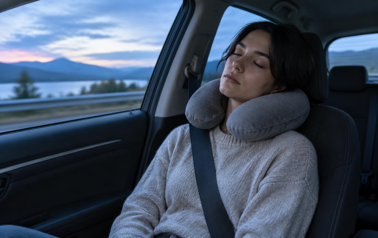 Car passenger resting with a neck pillow and seatbelt correctly worn