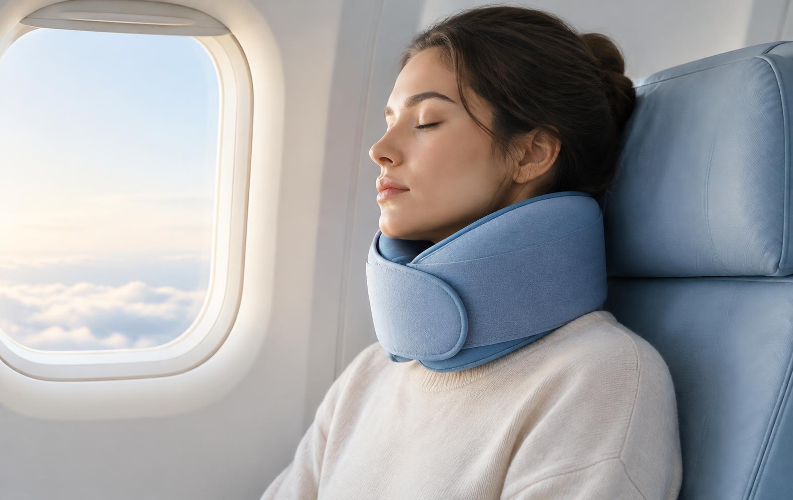Traveler asleep upright in an airplane window seat with a blue wrap collar holding her head in neutral alignment